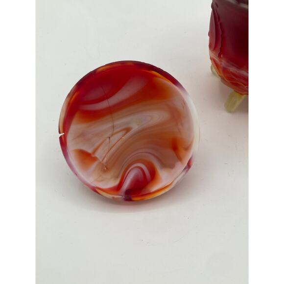 Vintage Red & White Slag Glass Covered Dish Candy Jar on Tripod Feet - Picture 8 of 10